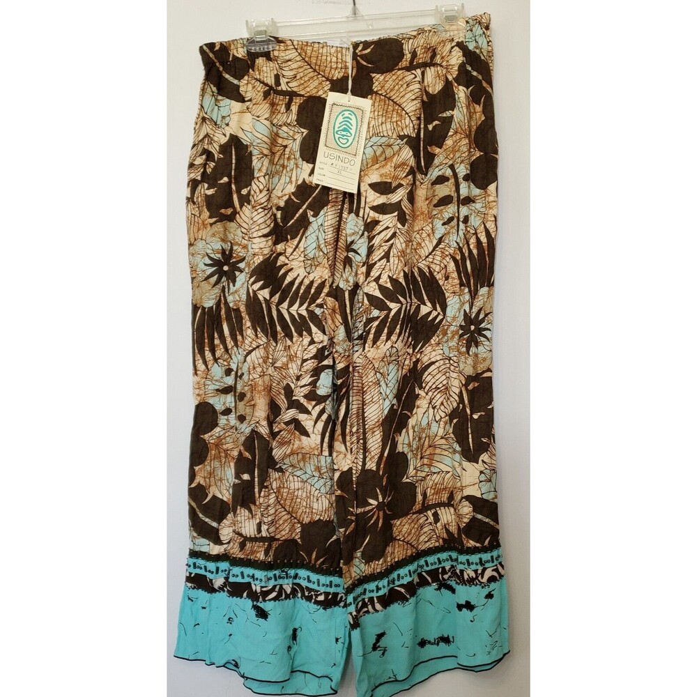 Usindo Cropped Pants Women S-M Stretch Waist Brown Turquois Tropical Beaded Dyed